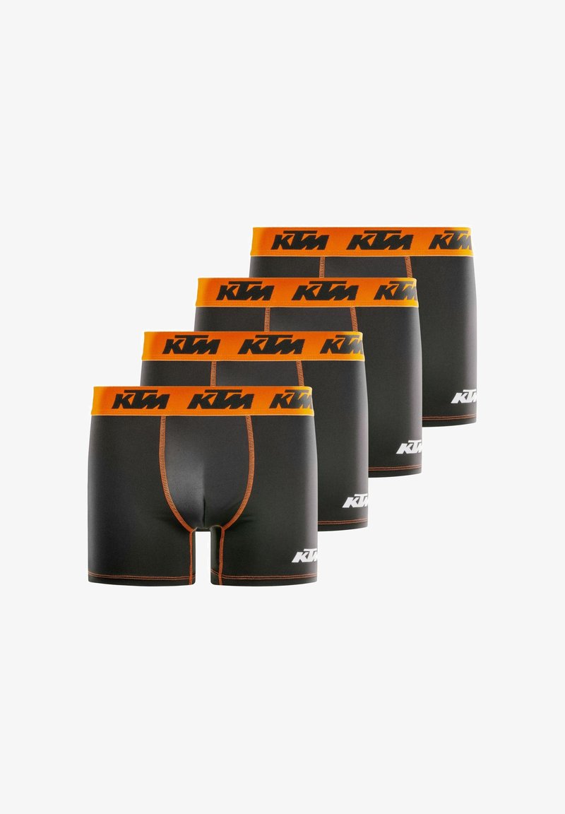 Shorts boxeur noirs avec une ceinture orange arborant le logo "KTM". Texture lisse, design ajusté, comprenant quatre paires dans un pack.