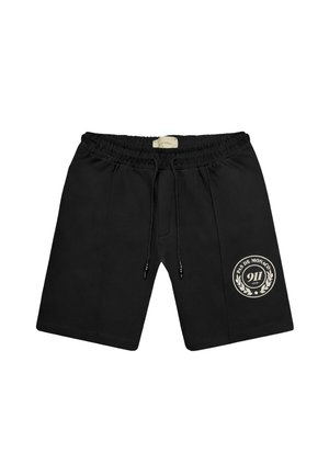Schwarze Freizeit-Shorts mit elastischem Bund und Kordelzug, mit rundem weißem Logo "Pas de Monaco 911 Club" am linken Bein.