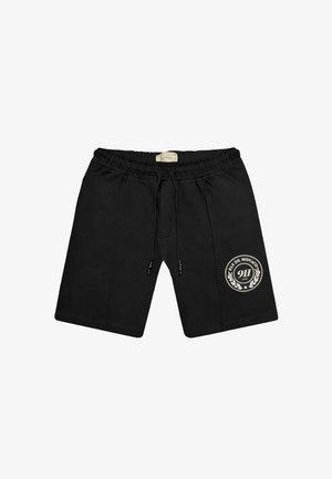 Črni priložnostni kratki hlače z elastičnim pasom in zaveznim trakom, z okroglim belim logotipom "Pas de Monaco 911 Club" na levem stegnu.