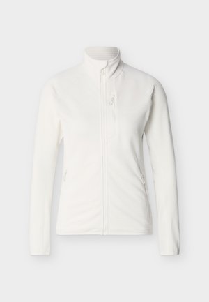 Λευκό γυναικείο φλις μπουφάν με ολόκληρο φερμουάρ, ψηλό γιακά, τσέπη στο στήθος με φερμουάρ και δύο τσέπες στα πλάγια με φερμουάρ, απεικονισμένο σε λευκό φόντο.