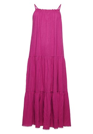 Sleeveless fuchsia maxi dress with thin straps, gathered tiers, and slightly ruffled neckline on a white background.