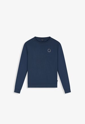 Marineblaues Sweatshirt mit Rundhalsausschnitt und langen Ärmeln, mit kleinem weißem, kreisförmigem Logo auf der linken Brust sowie gerippten Bündchen und Saum.