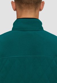 Achteraanzicht van een persoon in een teal fleece jasje met een verhoogde kraag en een geborduurd ruitpatroon op de onderrug.