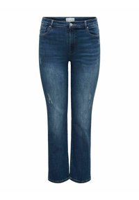 Tumed sinised denim püksid otse lõikega, millel on keskmise kõrgusega talje, õrn kulumine ja klassikaline viie taskuga stiil.