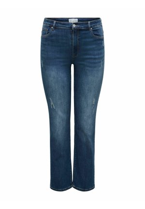 Temno modri jeans iz denima s straight leg obliko, z zmerno višino pasu, subtilnim obrabljenim videzom in klasičnim pet-imenskim stilom.