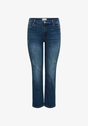 Temno modri jeans iz denima s straight leg obliko, z zmerno višino pasu, subtilnim obrabljenim videzom in klasičnim pet-imenskim stilom.