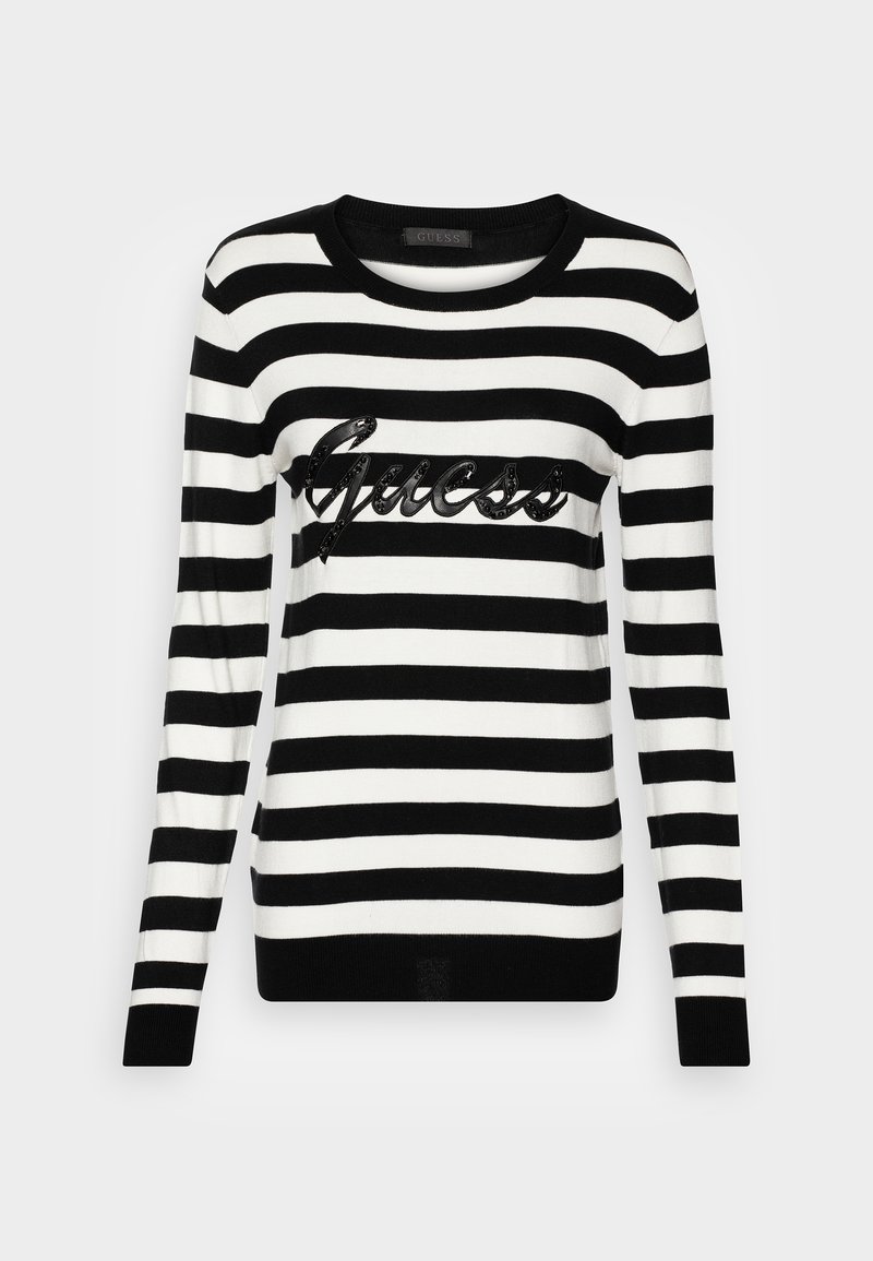 Pull à manches longues rayé horizontal noir et blanc avec un col rond et un logo "Guess" noir brillant sur la poitrine.