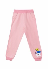 Rosa Baumwoll-Sweatpants mit einem gerippten Bund, zwei seitlichen Taschen und einem Blumen- sowie Schmetterlingsdruck auf dem linken Bein.