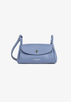 Small blue leather handbag with a flap closure, a silver metal snap, and embroidered branding. Features a detachable shoulder strap.