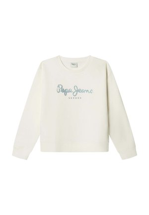 Weißes Sweatshirt mit langen Ärmeln, Rundhalsausschnitt und blauem "Pepe Jeans London" Logo auf der Vorderseite.