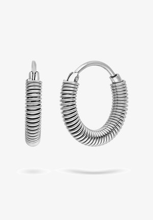Silver hoop earrings with coil design. Features a glossy finish, circular shape, and a secure clasp for easy wear.