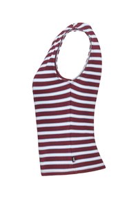 Striped tank top with a fitted design, featuring maroon and white horizontal stripes, a scoop neck, and a ribbed texture.