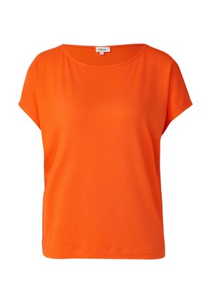 Hellorange kurzärmelige Bluse mit rundem Ausschnitt und lockerem Schnitt, aus glattem Stoff gefertigt.