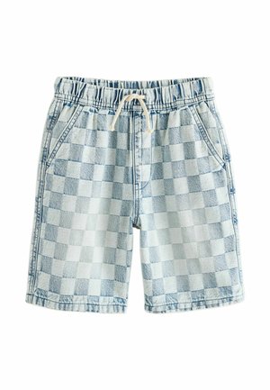 Svetlomodré kárované rifľové šortky s elastickým pásom a bielym sťahovacím šnúrkou, s prednými vreckami a prešitými detailmi.