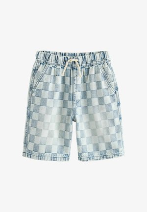 Shorts en denim à carreaux bleu clair avec taille élastique et cordon blanc, dotés de poches avant et de détails cousus.