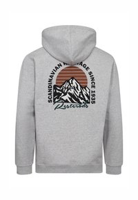 Harmaa huppari, jossa on vuoristograndi, aurinko ja vaakaraitoja. Teksti kuuluu "Skandinaavinen perintö vuodesta 1935" ja "Resterods."