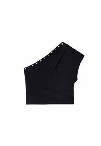 Schwarzes One-Shoulder-Oberteil aus weichem Stoff, mit dekorativen silbernen Knöpfen entlang des Ausschnitts und asymmetrischem Design.