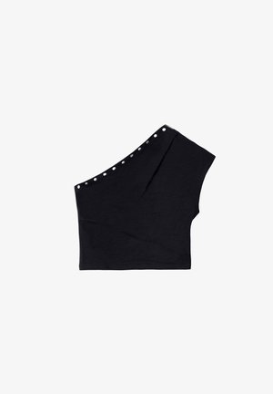 Top nero a spalla singola realizzato in morbido tessuto, con bottoni decorativi argentati lungo il collo e un design asimmetrico.
