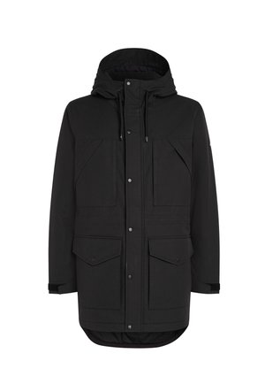 Black knee-length parka jacket with hood, four front pockets with flaps, snap button and zipper closure, and adjustable wrist straps.