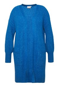 Cardigan en tricot bleu avec texture côtelée, ouverture à l'avant, manches longues et deux poches avant. Fabriqué à partir d'un matériau doux et léger.
