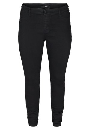 Zwarte high-waist skinny jeans met knoop- en ritssluiting, voor- en achterzakken en riemlussen, getoond tegen een witte achtergrond.
