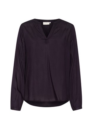 Dark purple blouse with a V-neckline, long sleeves, and gather details at the neck. Made from a smooth, lightweight fabric.