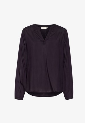 Blouse violette foncée avec un décolleté en V, des manches longues et des détails froncés au niveau du cou. Fabriquée dans un tissu lisse et léger.