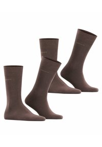 Braune Baumwollsocken mit geripptem Muster, glatter Oberfläche und Logodesign am Bündchen. Vier Paare ausgestellt.