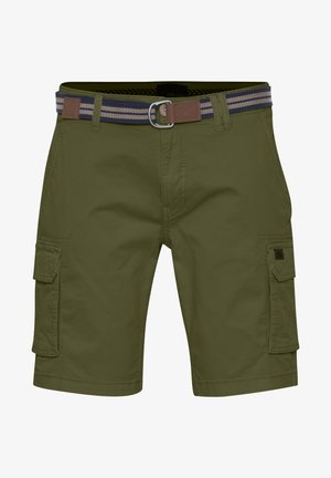 Oliivroheline cargo-lühikesed püksid kergest fabricist, mitme külgtaskuga, kootud vöö pruunist nahast aktsendiga ja tavalise lõikega.