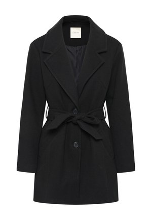 Black wool blend belted coat with notch lapels, two buttons down front, and side pockets, labeled "CREAM" inside collar.
