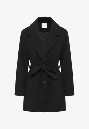 Cappotto in misto lana nera con cinturino, rever a notched, due bottoni sul davanti e tasche laterali, etichettato "CREAM" all'interno del colletto.