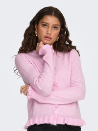 Light pink cardigan made of soft knit material, featuring a ruffled hem, button closure, and long sleeves with ribbed cuffs.