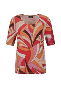 Mehrfarbige kurzärmlige Bluse aus glattem Stoff, mit einem lebhaften abstrakten Muster in Rot-, Rosa- und Brauntönen. Rundhalsausschnitt.