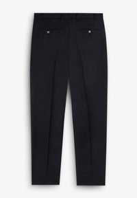 Pantalones de marina con una textura suave, que cuentan con dos bolsillos traseros con acentos de botones azules y un corte entallado. Dos pliegues en la parte frontal realzan el diseño.