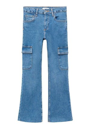 Hellblaue, gerade geschnittene Jeans aus Denim; ausgestattet mit zwei seitlichen Cargo-Taschen und standardmäßigen Fronttaschen, mit einem Knopf- und Reißverschluss.