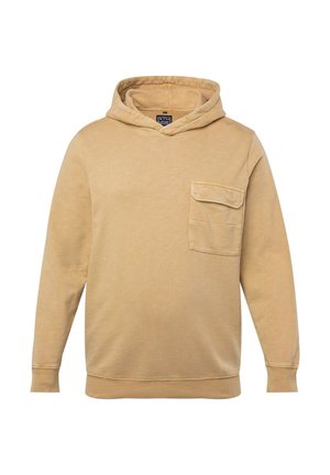 Beige Kapuzenpullover mit einer vorderen Kängurutasche, verstellbarem Kordelzug an der Kapuze, gerippten Bündchen und Saum. Hergestellt aus weichem, strukturiertem Baumwollmischgewebe.
