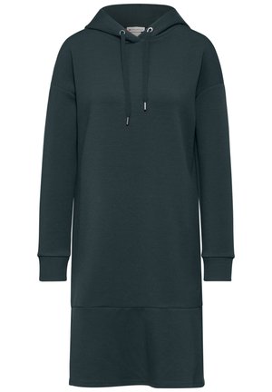 Huvtröja i mörk teal, med långa ärmar, ribbade muddar och en avslappnad passform. Tillverkad av mjukt tyg med en slät yta och dragsnodd.