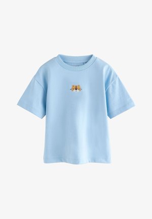 Lyseblå kortærmet t-shirt til småbørn med ribbet rund halsudskæring og lille broderet tigeransigt på brystet.