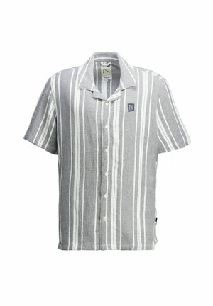 Graues und weißes kurzärmeliges Hemd mit vertikalen Streifen, Knopfleiste, umgeklapptem Kragen und kleinem Logopatch auf der Brust.