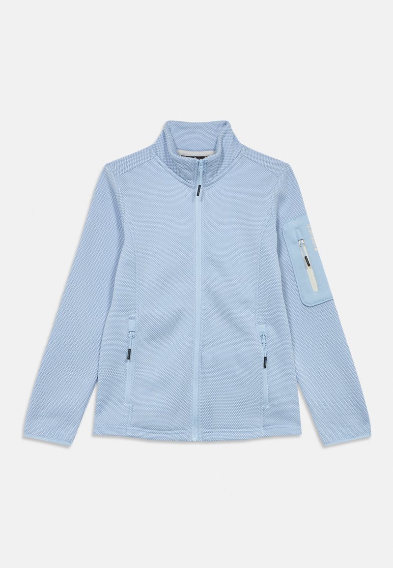 Veste zippée bleu clair en tissu texturé, comportant deux poches latérales et une poche sur le bras avec fermeture éclair. Design à col montant.