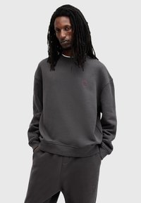 Sudadera gris de tejido suave con cuello redondo y corte holgado. Presenta un pequeño logo rojo en el pecho y puños de canalé.