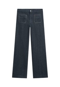 Dunkelblaue Denim-Jeans mit weitem Bein und hoher Taille, ausgestattet mit zwei Gesäßtaschen und kontrastierenden gelben Nähten entlang der Nähte.