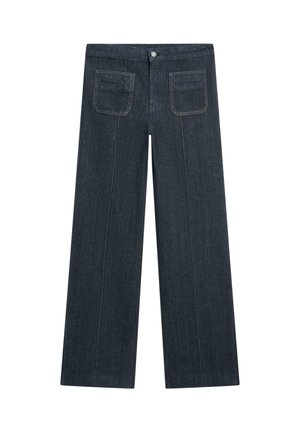 Jean en denim bleu foncé à jambes larges avec une taille haute, doté de deux poches arrière et de coutures contrastantes jaunes le long des coutures.