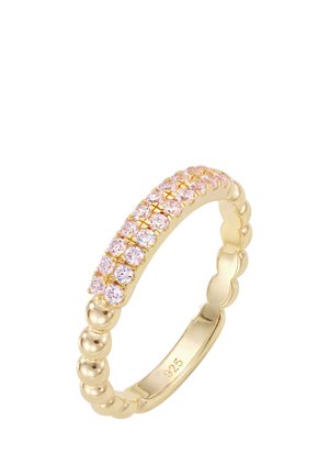 Gold beaded band ring with two rows of small round pink gemstones set on top, stamped "925" inside the band.