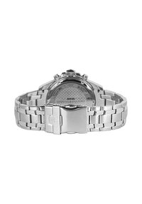 Orologio in acciaio inossidabile argentato con un fondello circolare texturizzato, funzioni cronografo e finitura spazzolata, fissato da un bracciale con chiusura.