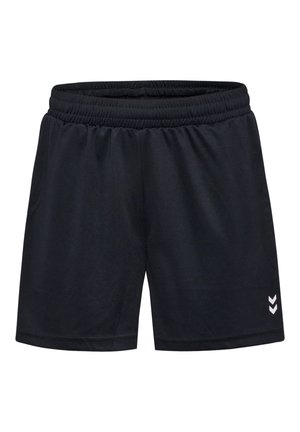 Black athletic shorts with an elastic waistband, featuring a smooth texture and a white chevron logo on the lower left side.