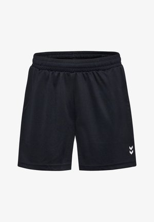 Shorts de sport noirs avec une ceinture élastique, présentant une texture lisse et un logo en chevron blanc sur le bas à gauche.