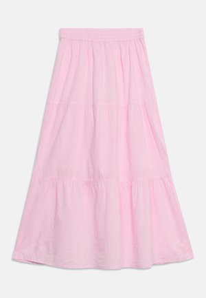 Jupe midi à volants rose clair avec taille élastique froncée et tissu doux et fluide.