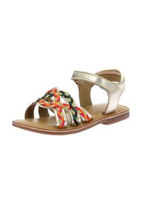 Sandalo dorato con cinturini intrecciati multicolori in rosso, giallo, verde e nero. Sole piatto con cinturino alla caviglia regolabile. Materiale in pelle liscia.