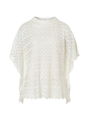 White lace poncho with scalloped edges and intricate floral pattern, short sleeve design, and high round neckline.